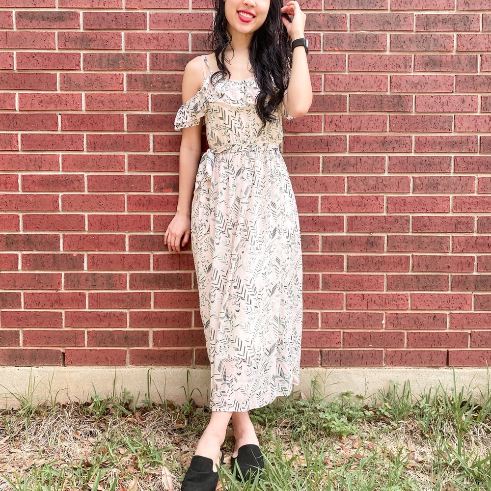 Pink Ruffle Feather print Cold Shoulder Maxi Dress